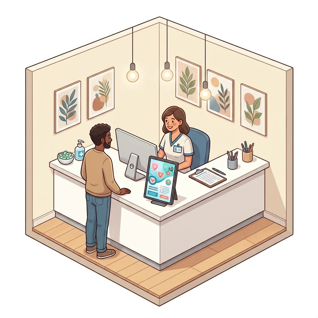 Reception check-in counter with small vertical tablet display facing patient