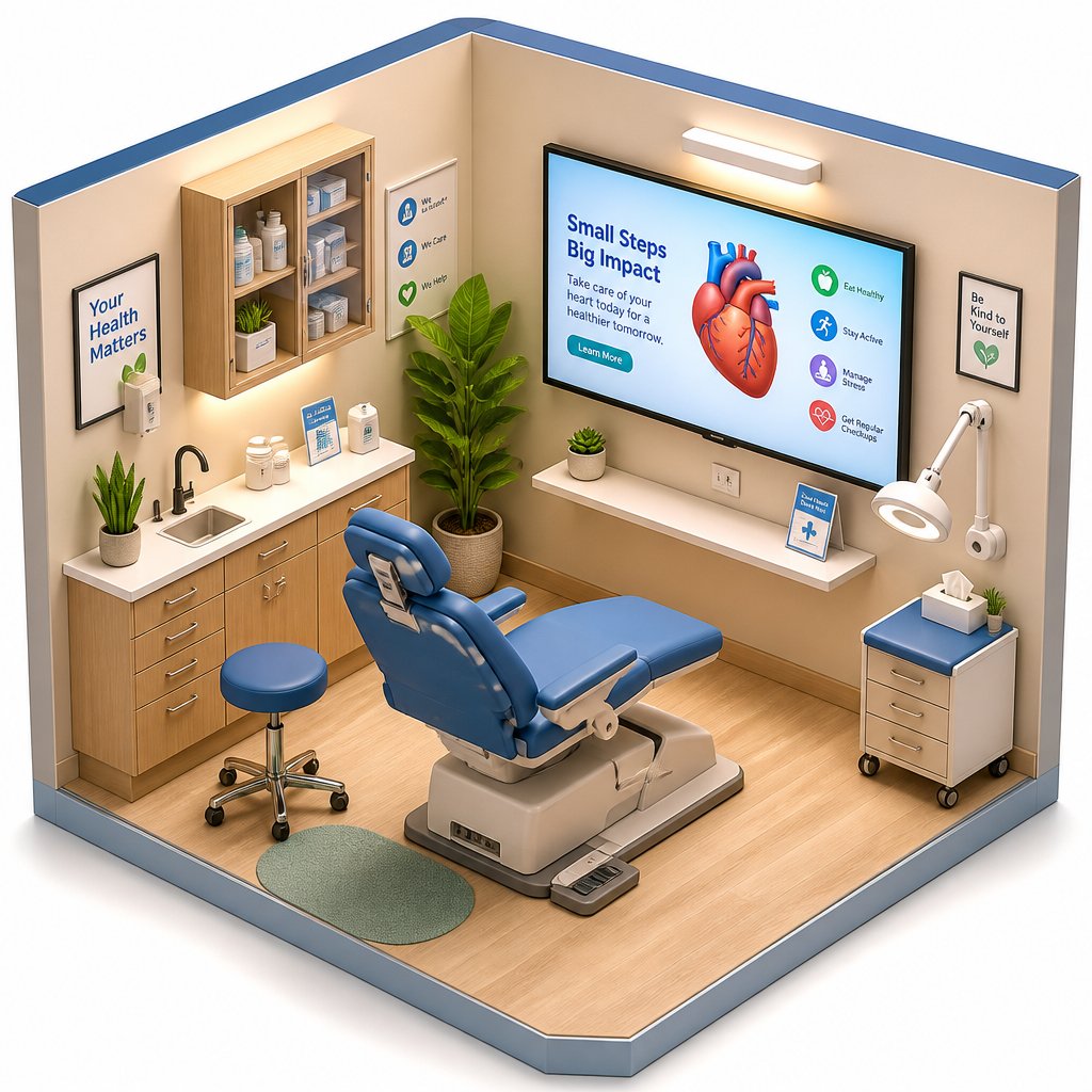 Exam room with wall-mounted LG display showing patient education content