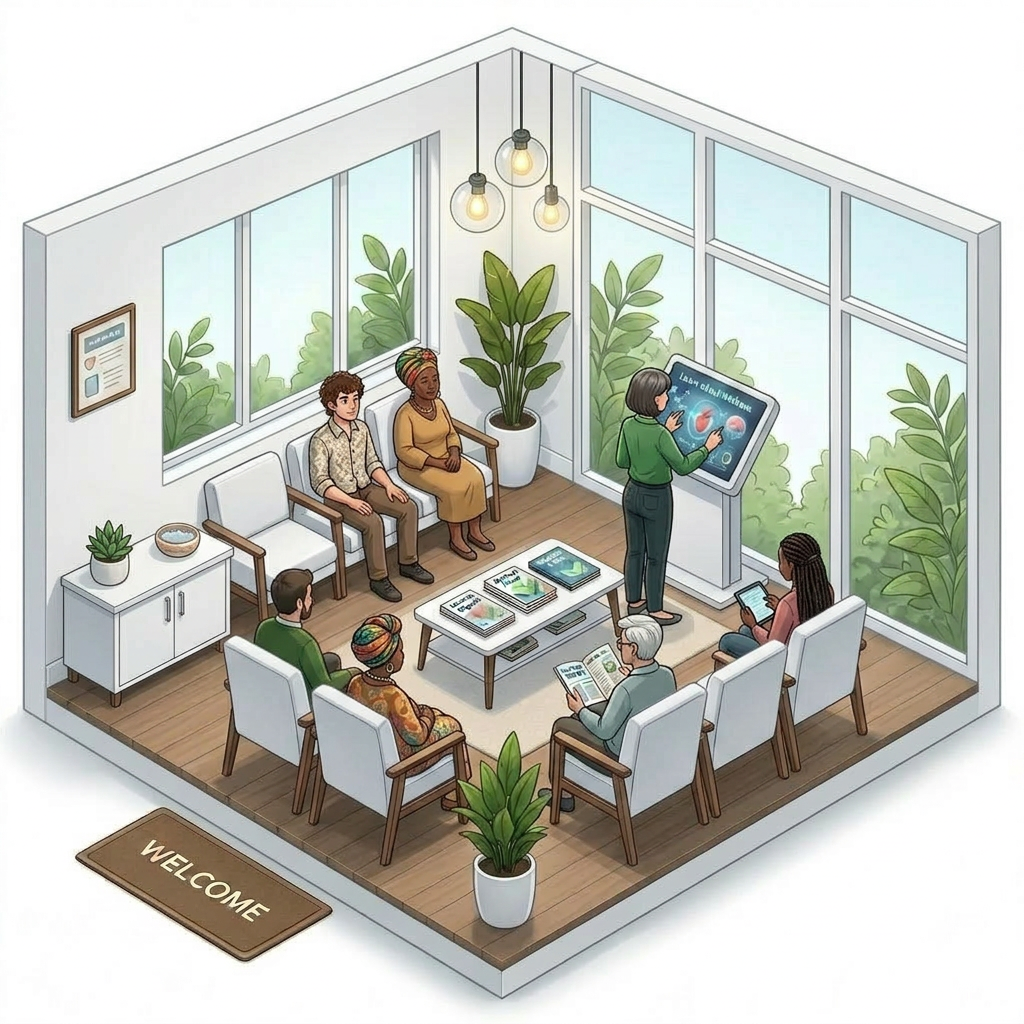 Interactive display room with patient using remote or touchscreen