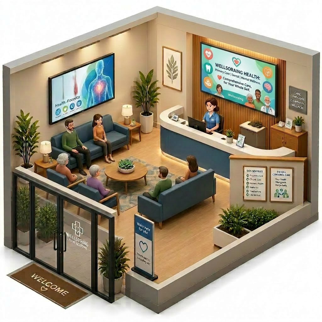 Medical office lobby with large LG display and reception desk