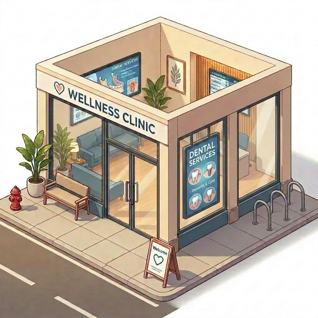 Storefront with vertical window display facing the sidewalk