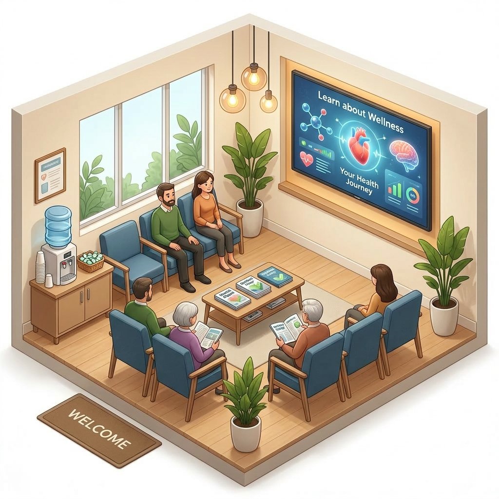 Waiting room with large wall-mounted LG display facing seating area